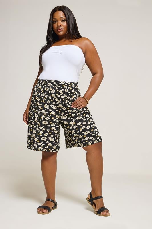 Evans YOURS Curve Black & Yellow Floral Jersey Shorts