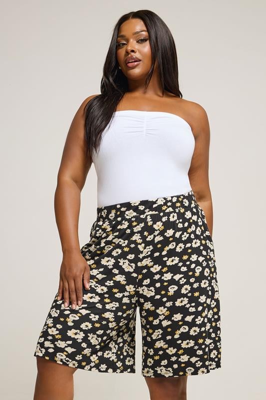 evans YOURS Curve Black & Yellow Floral Jersey Shorts