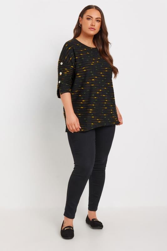 Evans YOURS Curve Black & Yellow Textured Button Sleeve Top