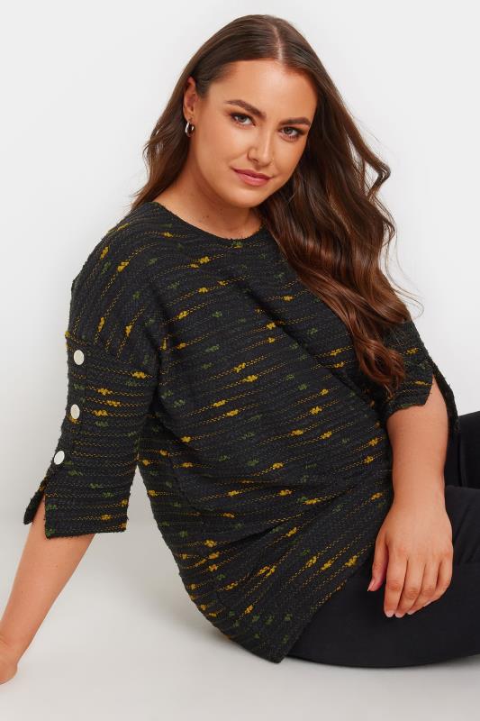evans YOURS Curve Black & Yellow Textured Button Sleeve Top