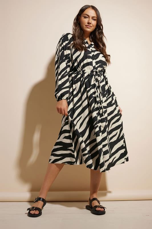 evans YOURS Curve Black Zebra Print Long Sleeve Shirt Dress