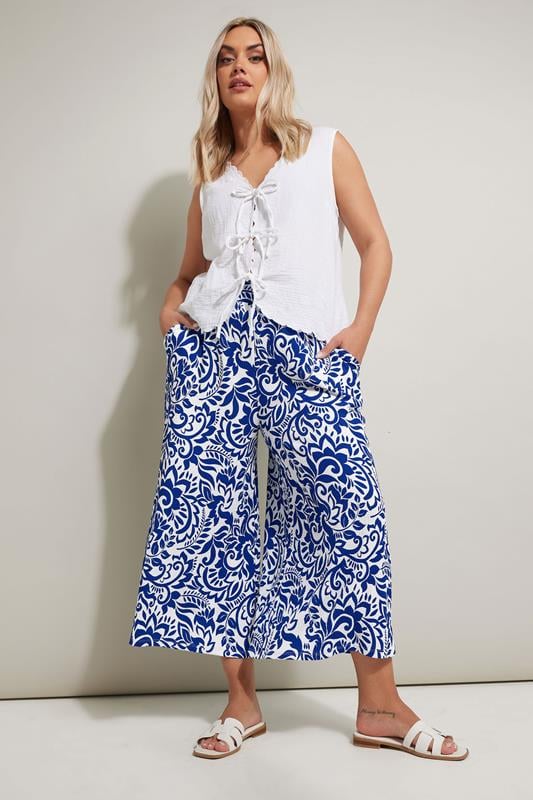 Evans YOURS Curve Blue Abstract Floral Textured Midaxi Culottes