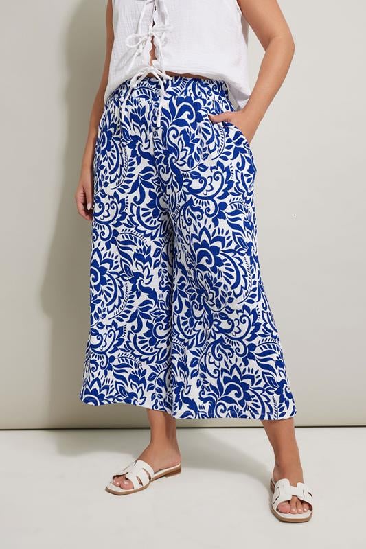 evans YOURS Curve Blue Abstract Floral Textured Midaxi Culottes