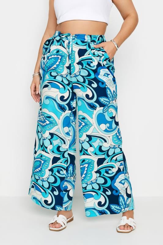 Evans YOURS Curve Blue Abstract Print Drawstring Wide Leg Trousers