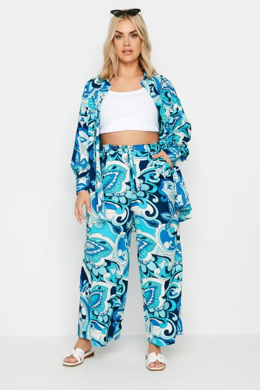Evans YOURS Curve Blue Abstract Print Drawstring Wide Leg Trousers
