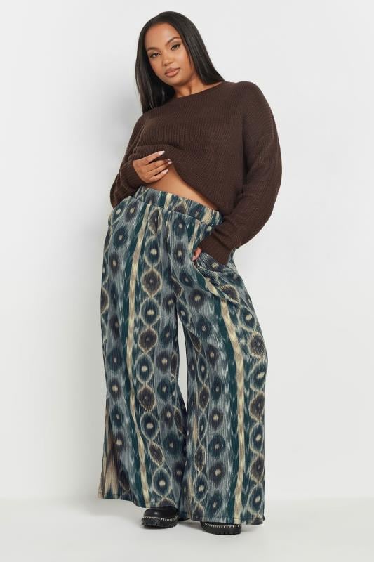 Evans YOURS Curve Blue Abstract Print Wide Leg Trousers