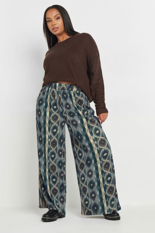 Evans YOURS Curve Blue Abstract Print Wide Leg Trousers