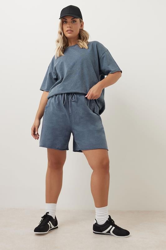 Evans YOURS Curve Blue Acid Wash Sweat Jogger Shorts