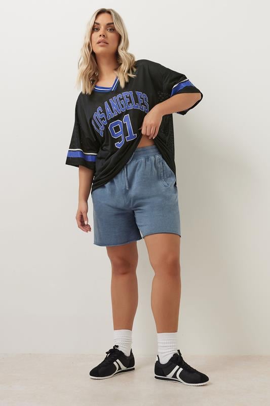 Evans YOURS Curve Blue Acid Wash Sweat Jogger Shorts