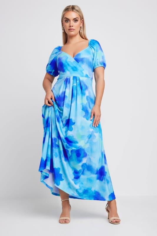 Evans YOURS Curve Blue Blur Floral Print Wrap Maxi Dress