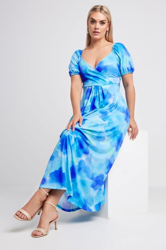 evans YOURS Curve Blue Blur Floral Print Wrap Maxi Dress