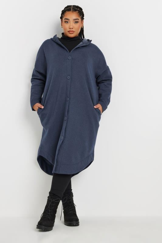 Evans YOURS Curve Blue Button Through Hooded Jacket