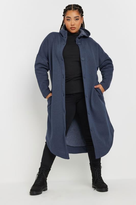 evans YOURS Curve Blue Button Through Hooded Jacket
