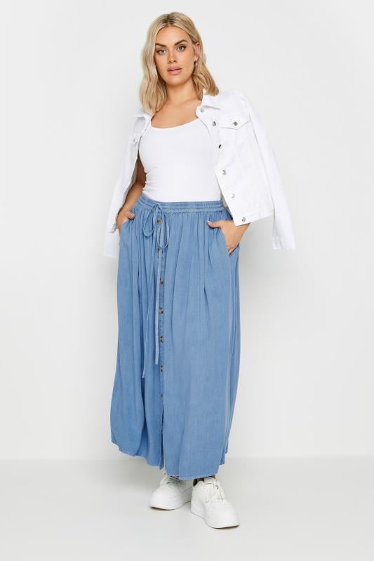 Evans YOURS Curve Blue Chambray Button Front Maxi Skirt