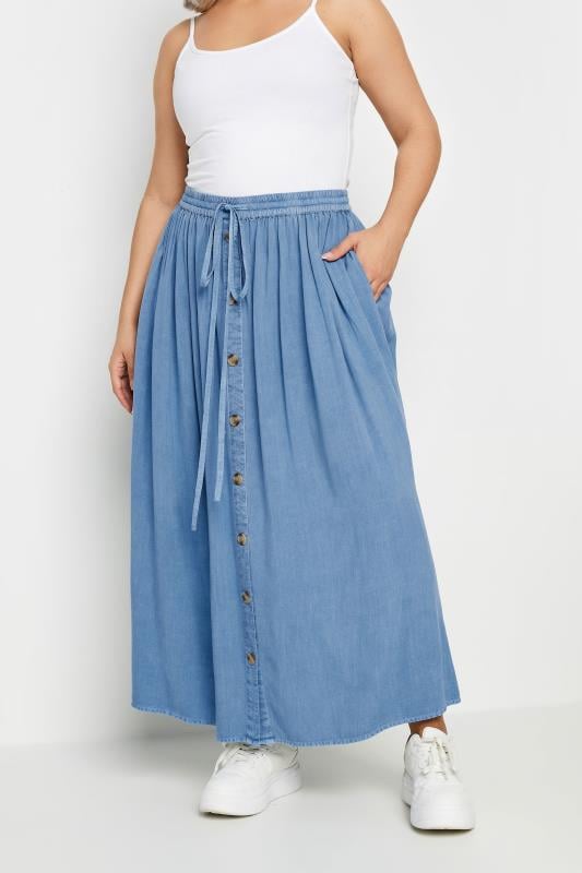 evans YOURS Curve Blue Chambray Button Front Maxi Skirt
