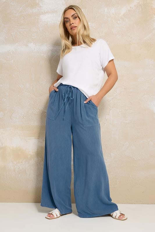 Evans YOURS Curve Blue Chambray Tie Front Wide Leg Trousers