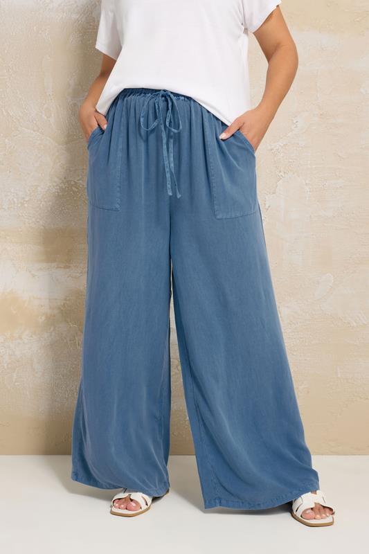 evans YOURS Curve Blue Chambray Tie Front Wide Leg Trousers
