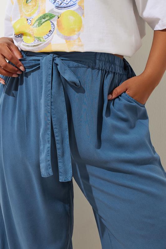 Evans YOURS Curve Blue Chambray Tie Waist Cropped Trousers