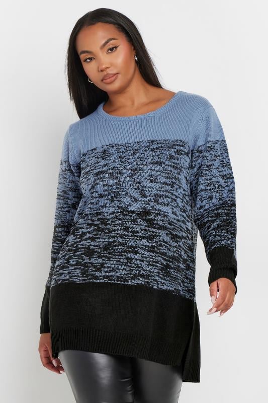 evans YOURS Curve Blue Colourblock Stripe Knitted Jumper