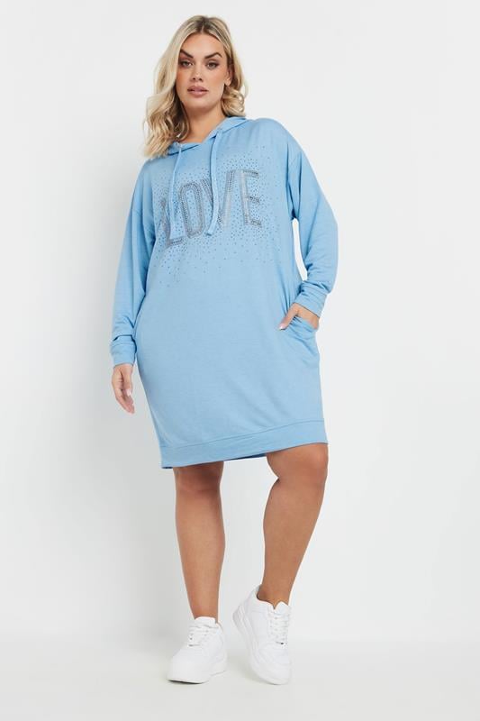 Evans YOURS Curve Blue Diamante Embellished 'Love' Hoodie Dress