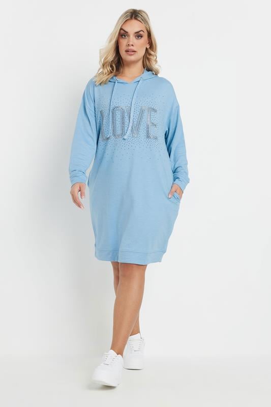 evans YOURS Curve Blue Diamante Embellished 'Love' Hoodie Dress