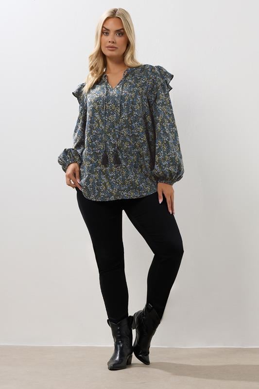 Evans YOURS Curve Blue Ditsy Floral Print Frill Top