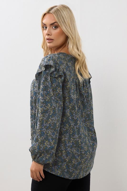 Evans YOURS Curve Blue Ditsy Floral Print Frill Top