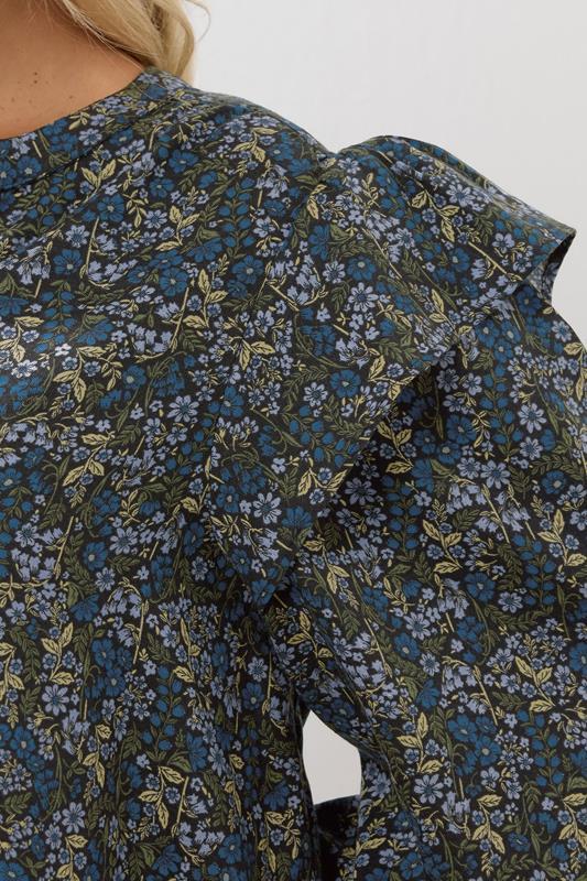 Evans YOURS Curve Blue Ditsy Floral Print Frill Top