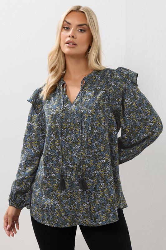 evans YOURS Curve Blue Ditsy Floral Print Frill Top