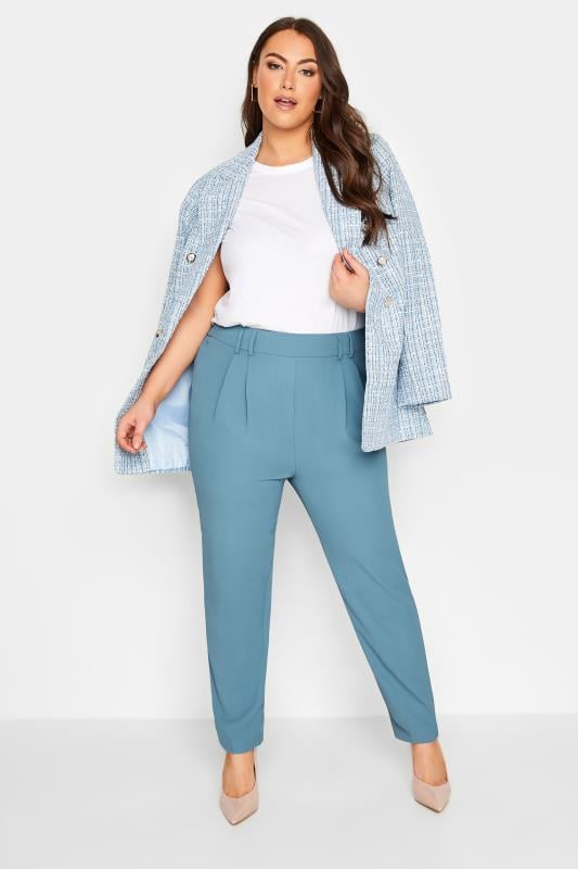Evans YOURS Curve Blue Double Belted Tapered Trousers
