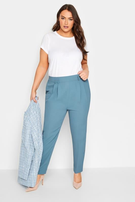 Evans YOURS Curve Blue Double Belted Tapered Trousers