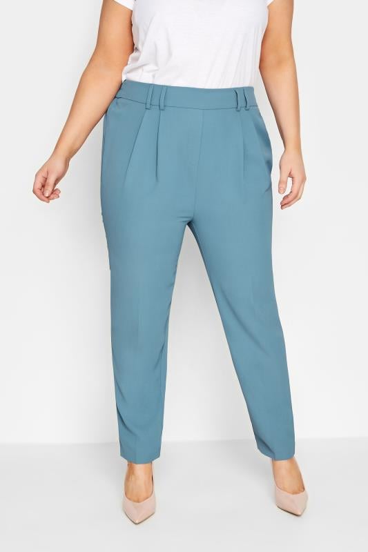 evans YOURS Curve Blue Double Belted Tapered Trousers