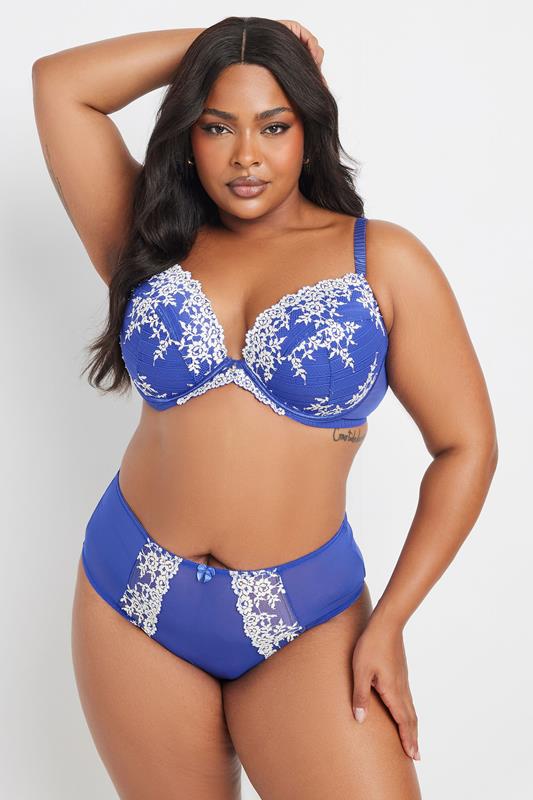 Evans YOURS Curve Blue Floral Embroidered Plunge Bra