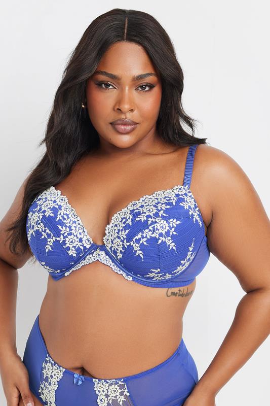 evans YOURS Curve Blue Floral Embroidered Plunge Bra