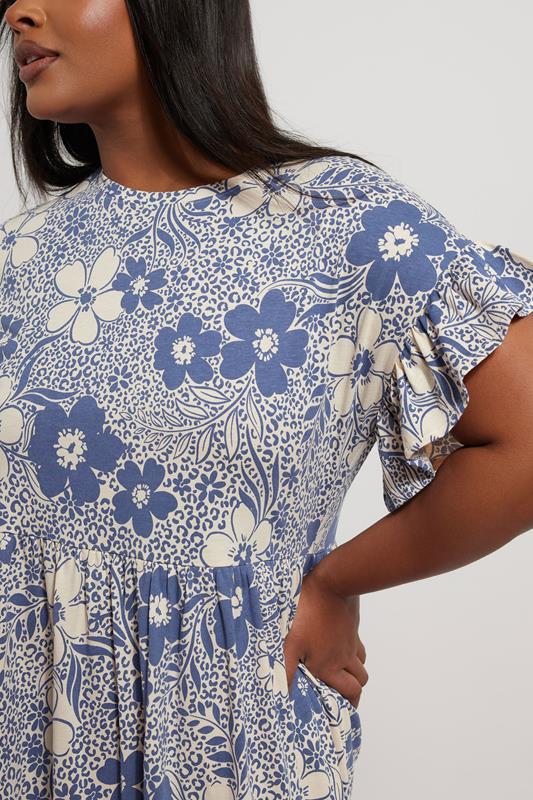 Evans YOURS Curve Blue Floral Print Frill Sleeve Midaxi Dress