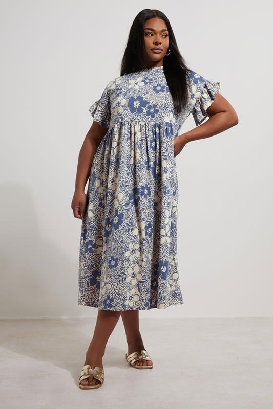 evans YOURS Curve Blue Floral Print Frill Sleeve Midaxi Dress