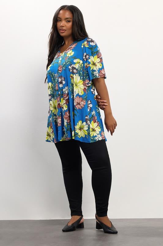 Evans YOURS Curve Blue Floral Print Pleat Front Top