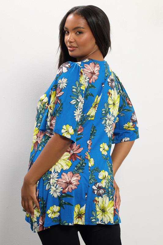 Evans YOURS Curve Blue Floral Print Pleat Front Top