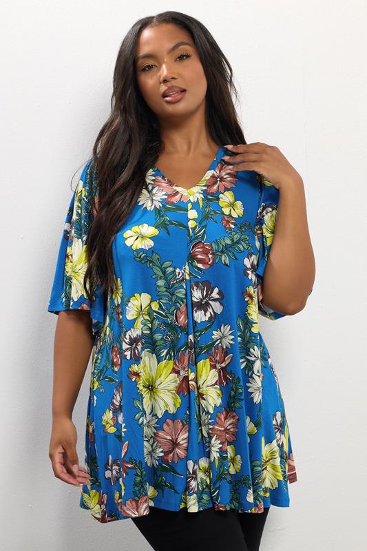 evans YOURS Curve Blue Floral Print Pleat Front Top