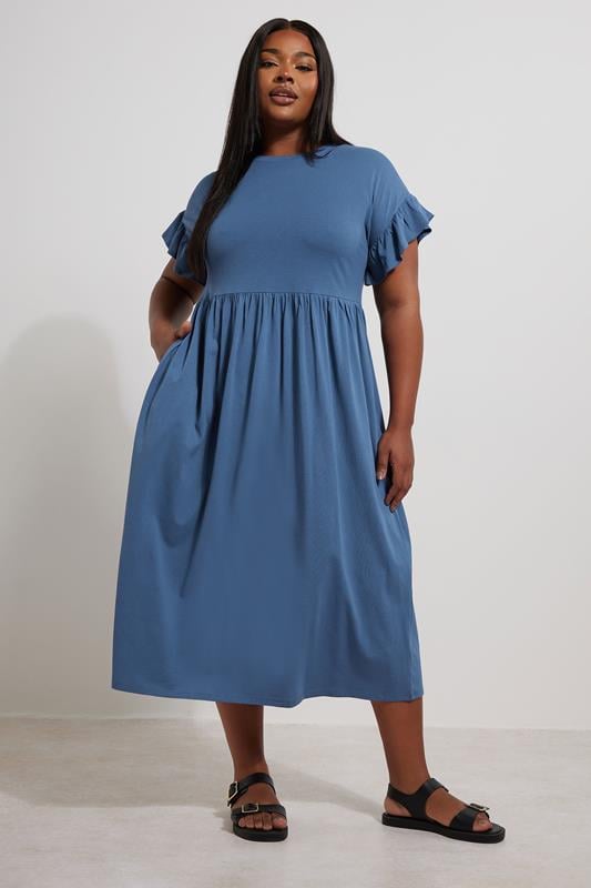 Evans YOURS Curve Blue Frill Sleeve Cotton Midaxi Dress