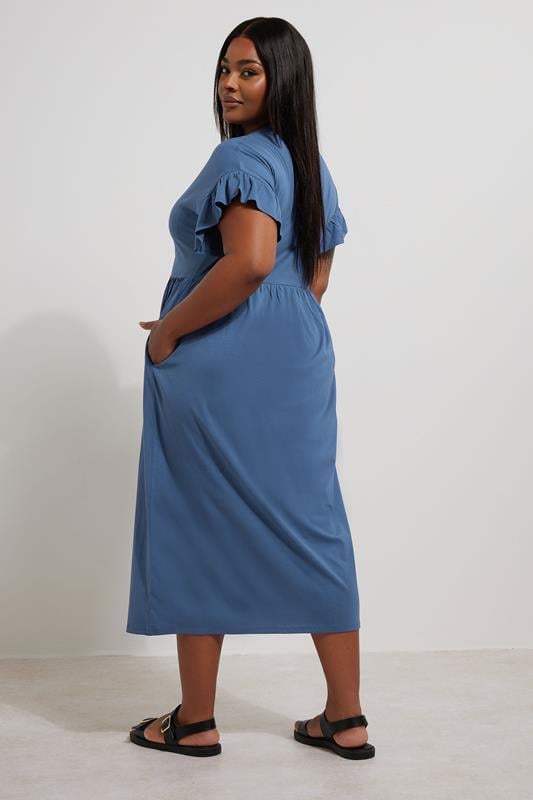 Evans YOURS Curve Blue Frill Sleeve Cotton Midaxi Dress