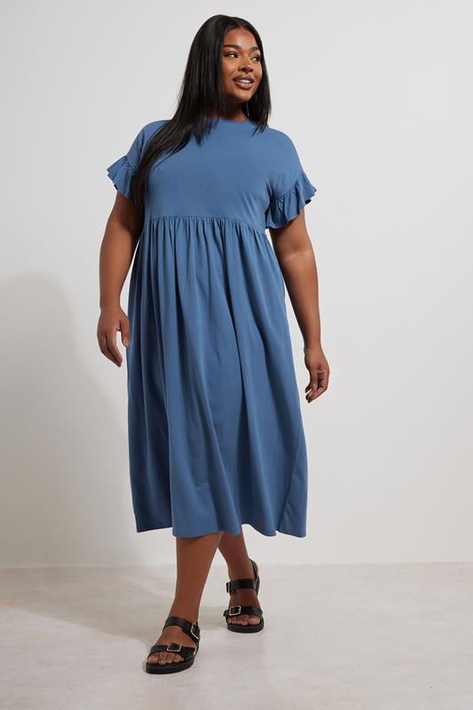 evans YOURS Curve Blue Frill Sleeve Cotton Midaxi Dress