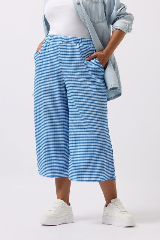 evans YOURS Curve Blue Gingham Textured Midaxi Culottes
