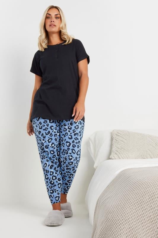 Evans YOURS Curve Blue Leopard Print Cuffed Pyjama Bottoms