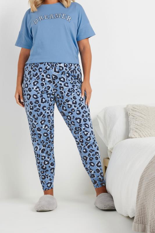 evans YOURS Curve Blue Leopard Print Cuffed Pyjama Bottoms