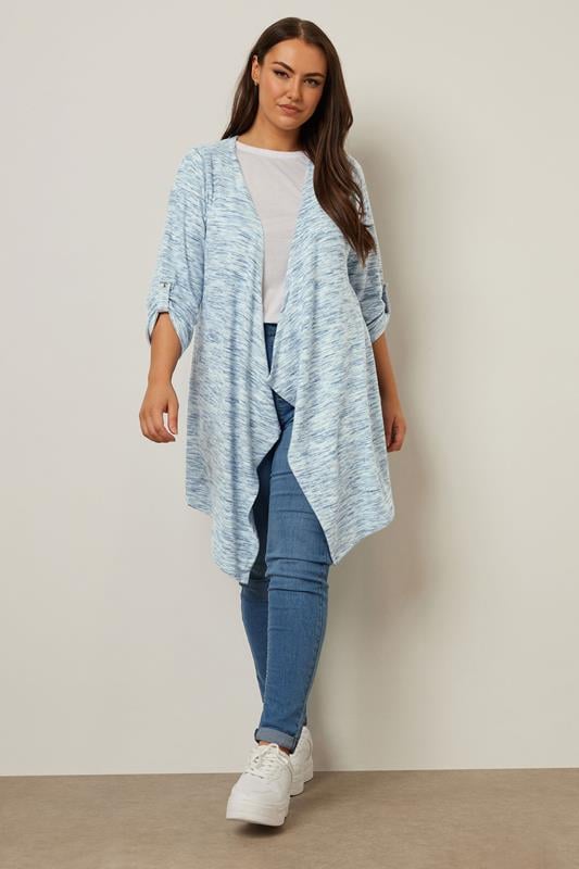 Evans YOURS Curve Blue Marl Soft Touch Waterfall Cardigan