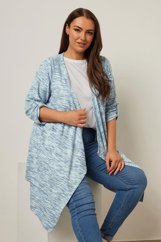 Evans YOURS Curve Blue Marl Soft Touch Waterfall Cardigan