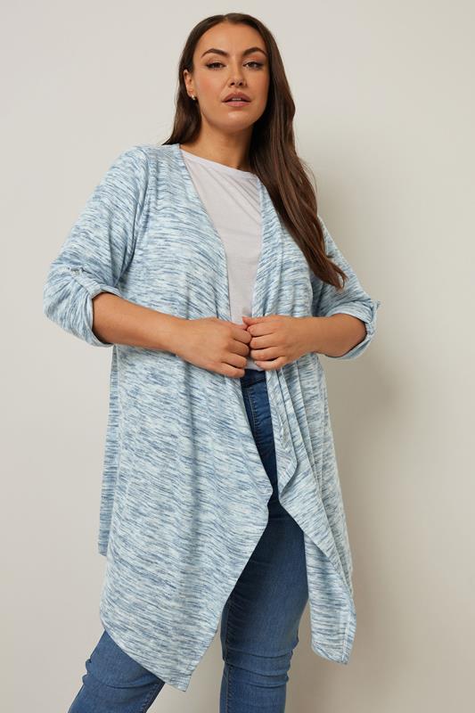 evans YOURS Curve Blue Marl Soft Touch Waterfall Cardigan