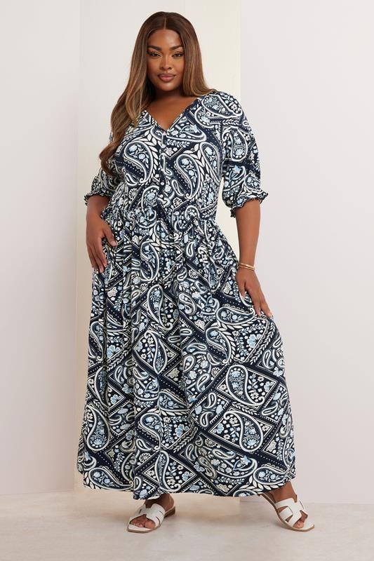 Evans YOURS Curve Blue Paisley Button Front Maxi Dress