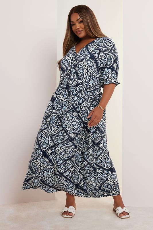 evans YOURS Curve Blue Paisley Button Front Maxi Dress